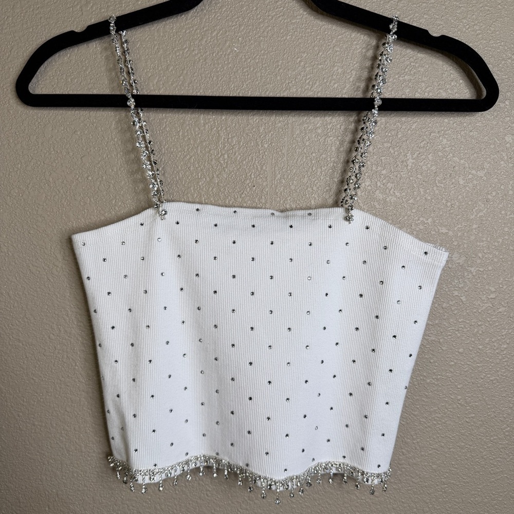 Dance & Marvel White Rhinestone-Embellished Crop Top
